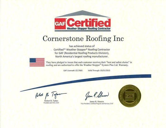 Cornerstone Roofing is a GAF Certified Weather Stopper Roofing ...